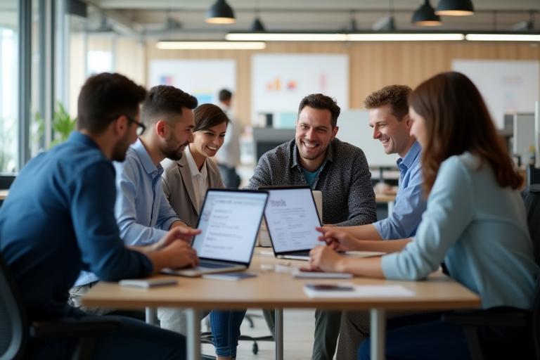 Equipa de desenvolvimento a colaborar num open-space